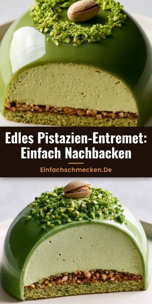 Pistazien-Entremet: Das ultimative Rezept für luxuriöse Patisserie zu Hause 4 Nahaufnahme eines Pistazien-Entremet Desserts mit grüner Spiegelglasur und gehackten Pistazien.