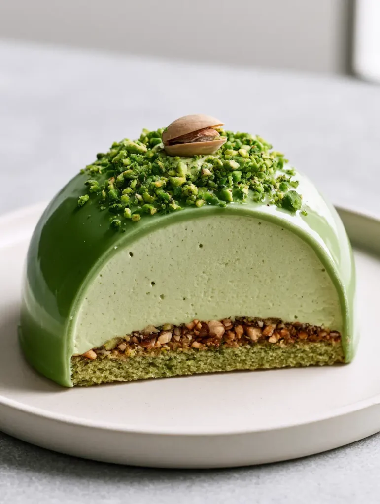 Schichten eines Pistazien-Entremets: Biskuit, Praliné und Mousse unter einer grünen Glasur.
