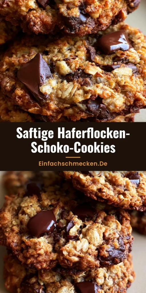 Haferflocken-Cookies: Das ultimative Rezept für chewy Kekse mit Schokolade 4 Ein Stapel dicker Haferflocken-Cookies mit geschmolzenen Schokoladenstücken auf einem hellen Teller.