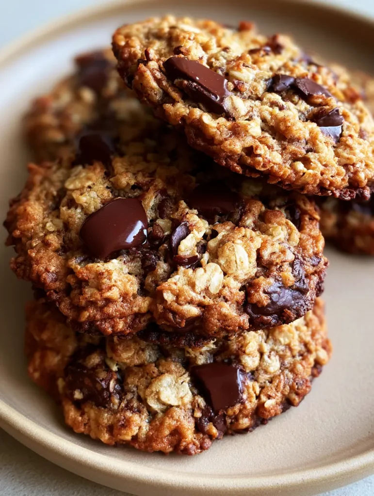 Nahaufnahme von Haferflocken-Cookies mit sichtbaren Haferflocken und Zartbitterschokolade.