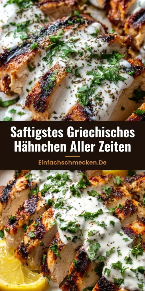 Nahaufnahme von gegrillten Hähnchenbruststreifen mit Griechische Hähnchen-Marinade, Joghurtsauce und Zitronen.