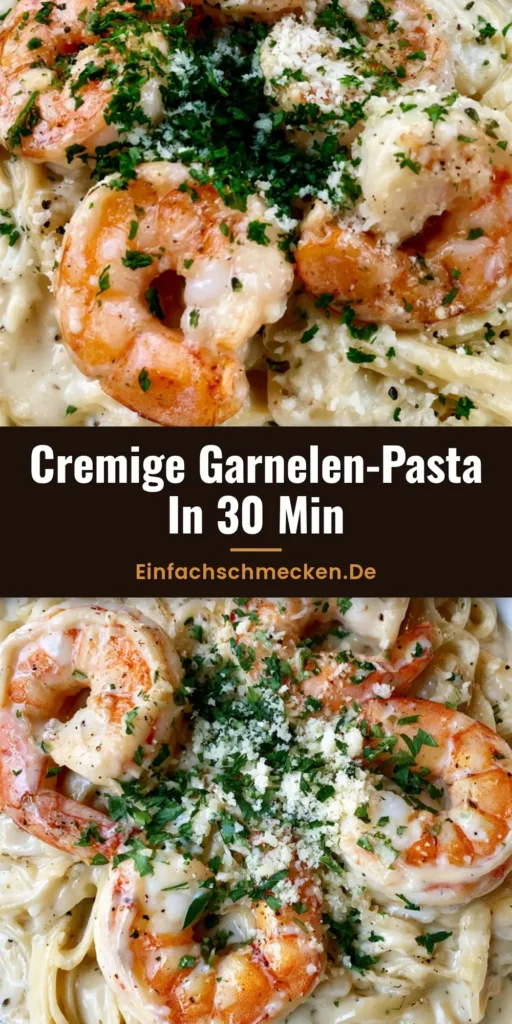 Garnelen Pasta Alfredo: Das ultimative Rezept für cremigen Genuss 4 Draufsicht auf eine weiße Schüssel mit cremiger Garnelen Pasta Alfredo, garniert mit Petersilie und Parmesan.