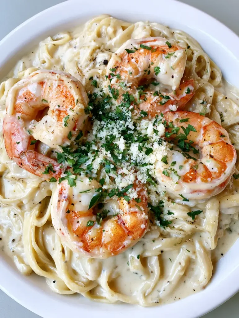 Nahaufnahme von Fettuccine Nudeln in dicker weißer Alfredo Sauce mit gebratenen Garnelen.