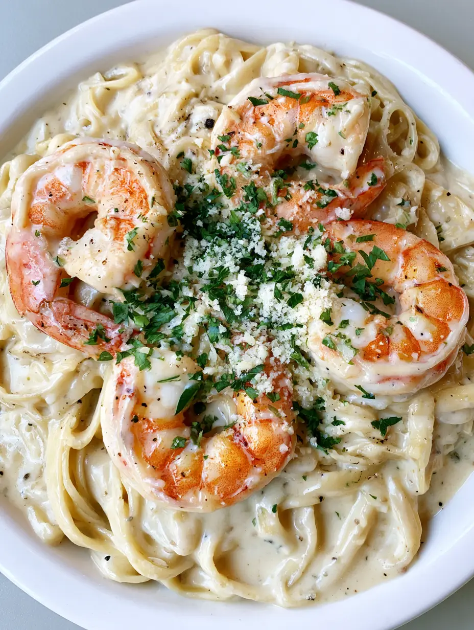 Garnelen Pasta Alfredo: Das ultimative Rezept für cremigen Genuss 3 Nahaufnahme von Fettuccine Nudeln in dicker weißer Alfredo Sauce mit gebratenen Garnelen.
