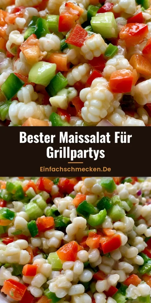 Maissalat Rezept: Der cremige Shoepeg-Mais-Salat (Knackig & Frisch) 4 Ein frischer Shoepeg-Maissalat in einer weißen Schüssel mit roter und grüner Paprika auf einem Holztisch. (Maissalat Rezept)