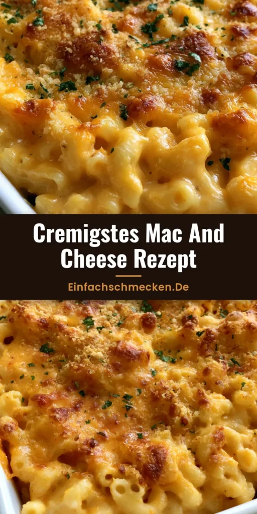 Mac and Cheese Rezept: Das ultimative Soulfood extrem cremig & käsig 4 Nahaufnahme von cremigem Mac and Cheese Rezept in einer weißen Auflaufform mit goldbrauner Kruste und frischer Petersilie.