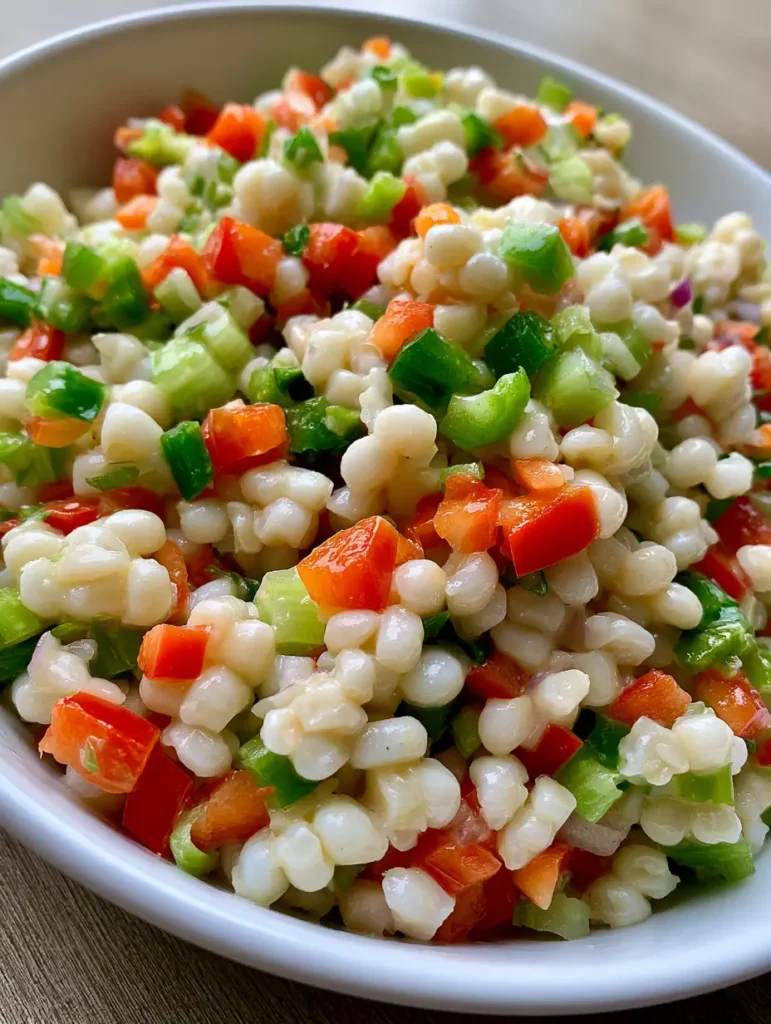 Maissalat Rezept: Der cremige Shoepeg-Mais-Salat (Knackig & Frisch) 1 Servierfertiger Maissalat in einer rustikalen weißen Schüssel auf einem neutralen Holztisch.