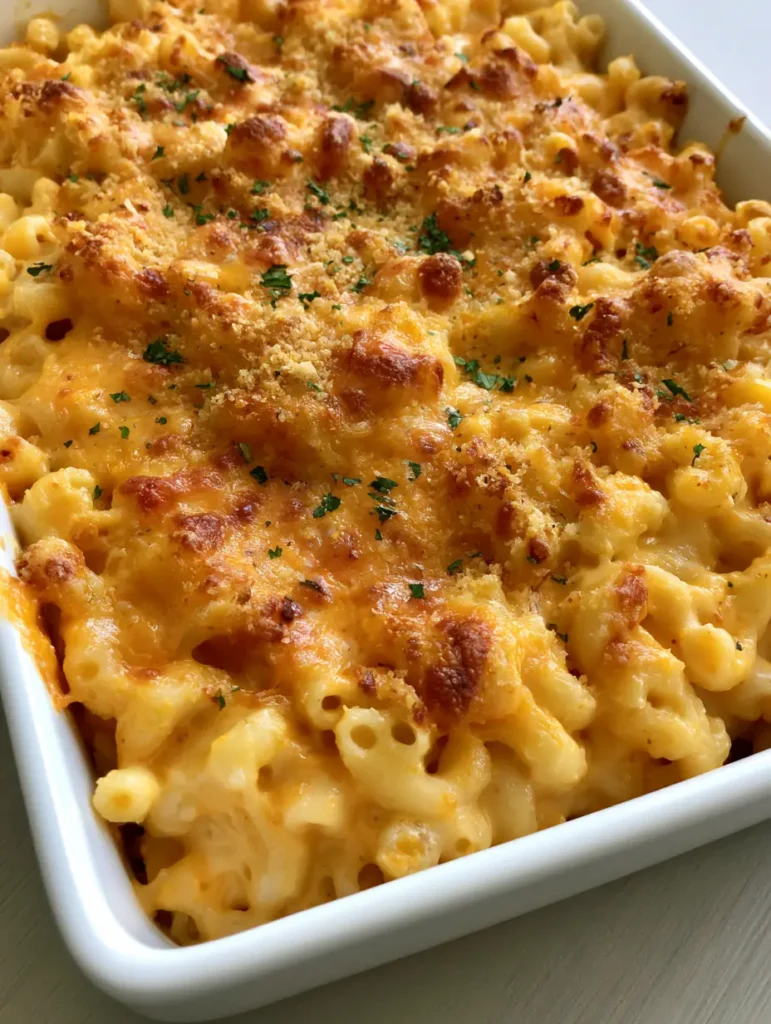 Draufsicht auf gebackene Käse-Makkaroni mit schmelzender Käsesauce und Semmelbrösel-Topping. Mac and Cheese Rezept.
