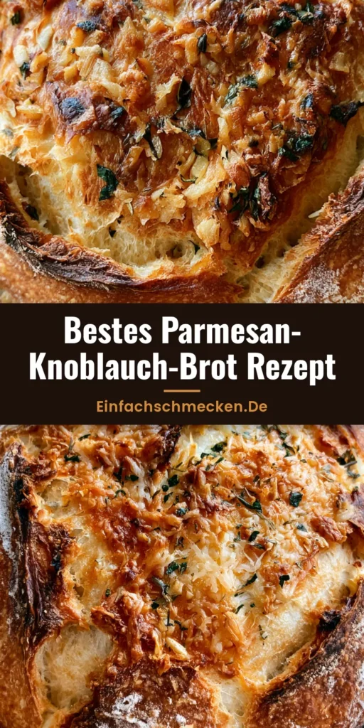Ein rustikales Artisan Knoblauchbrot Rezept mit goldbrauner Parmesan-Kruste und frischen Kräutern auf Backpapier.