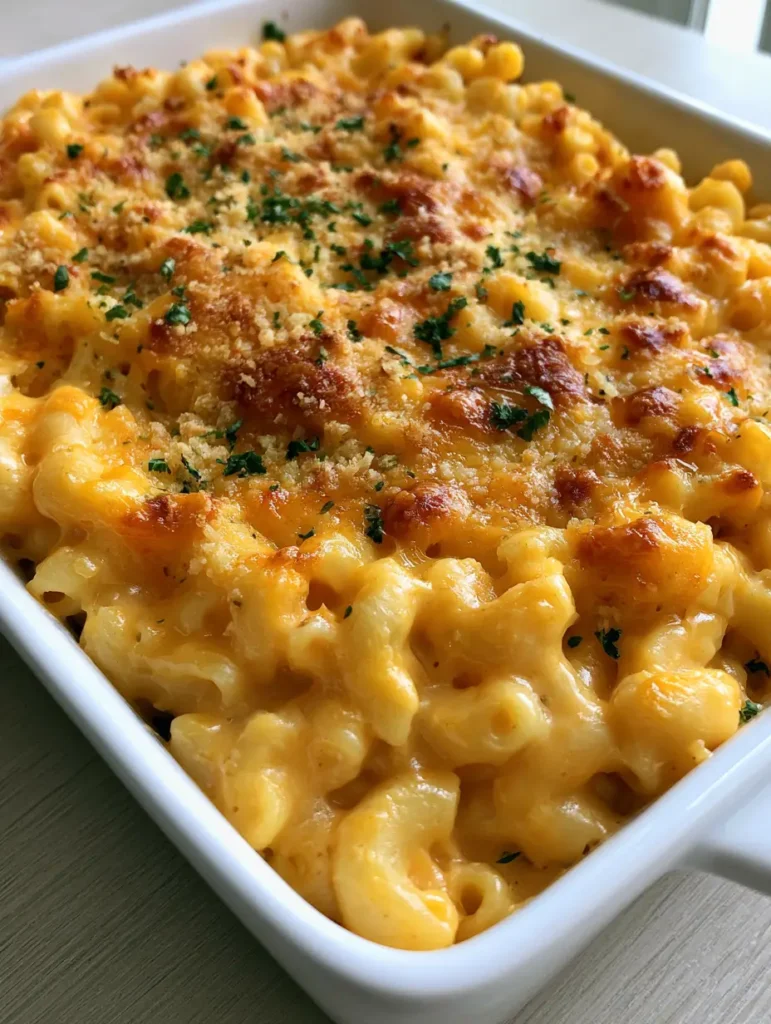 Mac and Cheese Rezept: Das ultimative Soulfood extrem cremig & käsig 1 Frisch gebackenes Mac and Cheese Rezept serviert in einer Keramikform auf einem Holztisch.