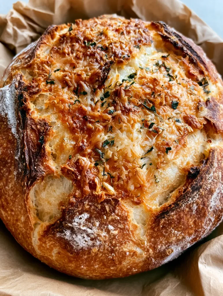 Nahaufnahme von einem frisch gebackenen Knoblauchbrot Rezept mit geschmolzenem Käse und geröstetem Knoblauch.