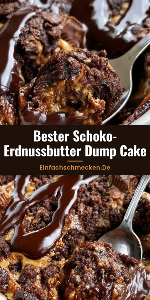 Nahaufnahme eines Schoko-Erdnussbutter-Dump-Cake in einer weißen Form mit geschmolzener Erdnussbutter und Schokosauce.
