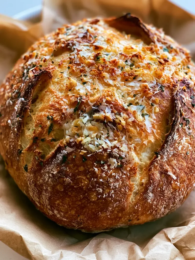 Rustikales Knoblauchbrot Rezept Ansicht von oben mit Parmesanflocken und Kräutern.