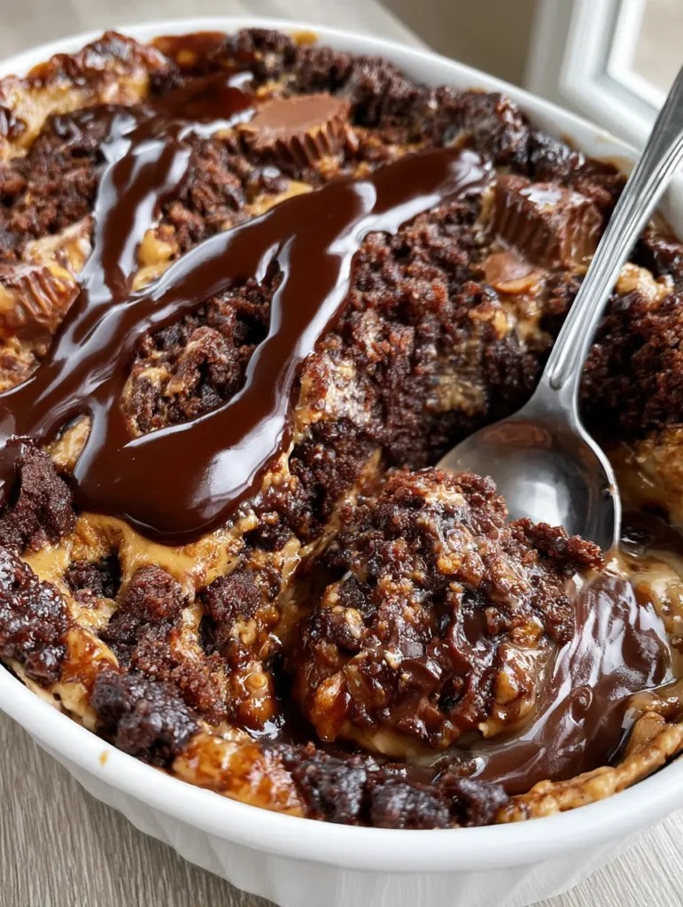 Frisch gebackener Schoko-Erdnussbutter-Dump-Cake mit karamellisierten Rändern in einer Keramikform.