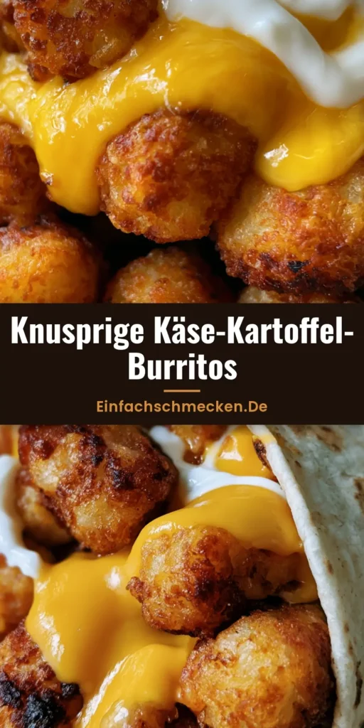 Käse-Kartoffel-Burritos: Knusprige Tater Tots treffen auf cremigen Cheddar 4 Nahaufnahme eines Käse-Kartoffel-Burritos mit knusprigen Tater Tots, flüssiger Käsesauce und saurer Sahne.