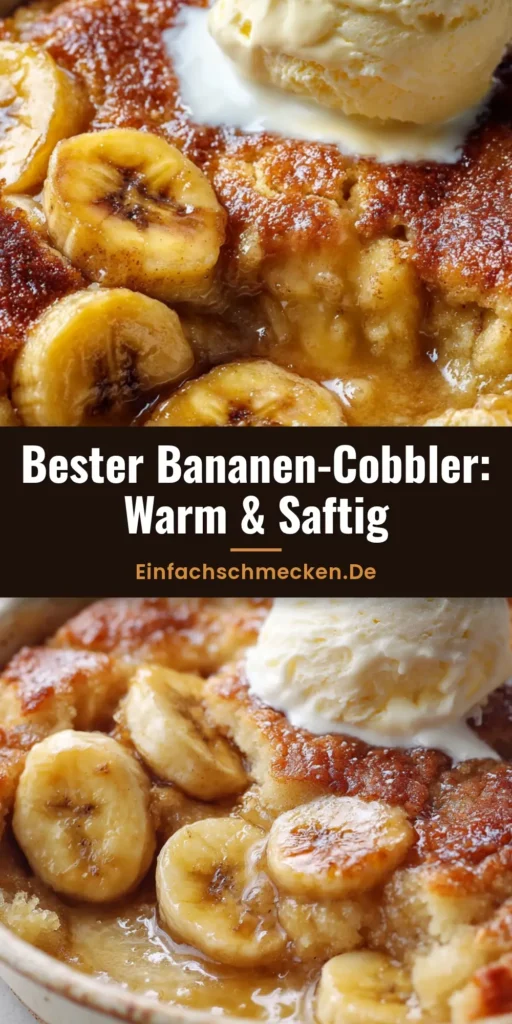 Südstaatlicher Bananen-Cobbler in einer rustikalen Backform mit goldbrauner Kruste, Zimtzucker und schmelzendem Vanilleeis.