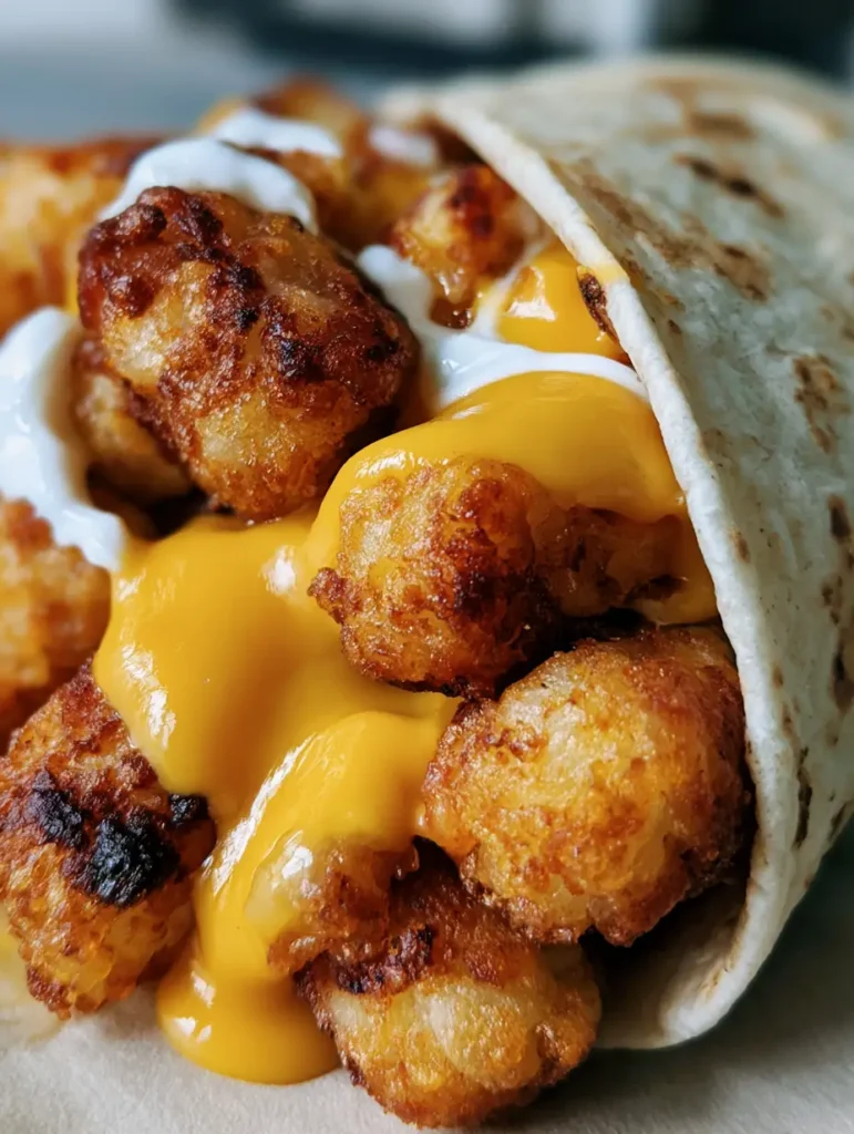 Smartphone-Foto eines Burritos gefüllt mit goldbraunen Tater Tots und Cheddar-Sauce.