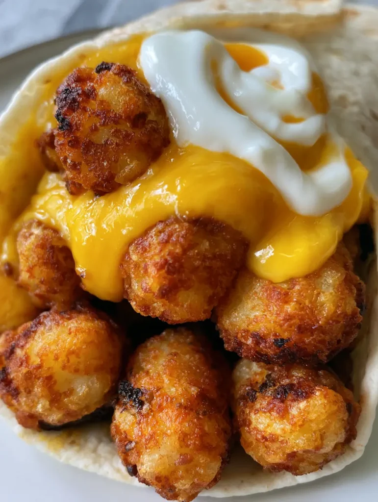 Käse-Kartoffel-Burritos: Knusprige Tater Tots treffen auf cremigen Cheddar 1 Ein handgehaltener Käse-Kartoffel-Burrito mit viel geschmolzenem Käse.