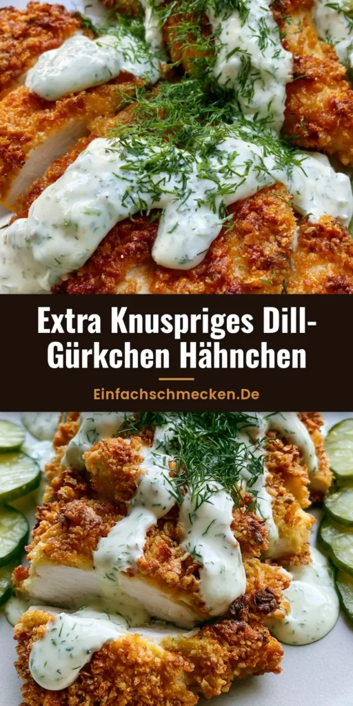Hähnchen Heißluftfritteuse Rezept: Goldbraun, knusprig & saftig 4 Knusprig paniertes Hähnchen aus der Heißluftfritteuse mit Ranch-Sauce und Dill auf einem Keramikteller. (Hähnchen Heißluftfritteuse Rezept)