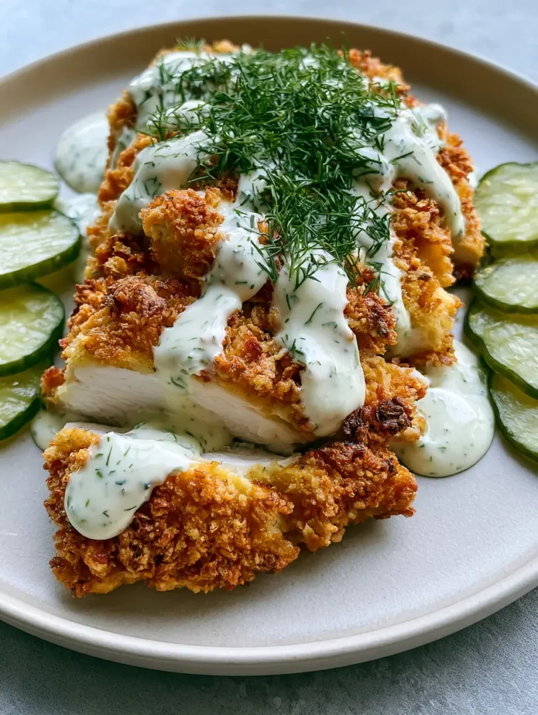 Nahaufnahme von aufgeschnittener Hähnchenbrust mit goldbrauner Parmesan-Panade und weißer Sauce. (Hähnchen Heißluftfritteuse Rezept)