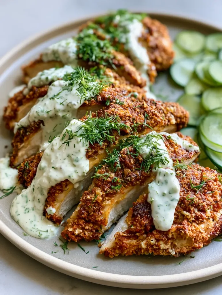 Hähnchen Heißluftfritteuse Rezept: Goldbraun, knusprig & saftig 1 Servierfertiges Hähnchen aus der Heißluftfritteuse mit frischem Dill und Gurken garniert.