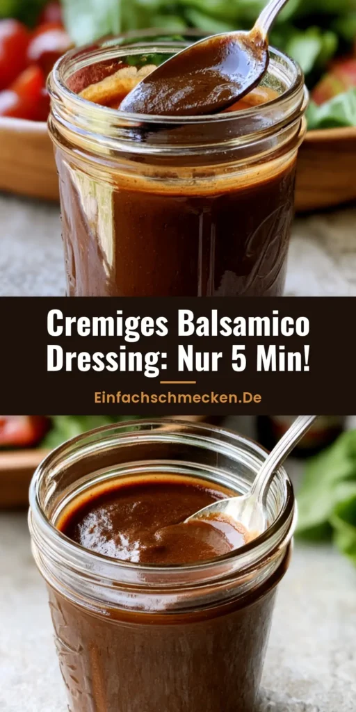 Balsamico Dressing Rezept: So gelingt die perfekte, cremige Emulsion 3 Ein Glasgefäß mit cremigem Balsamico Dressing Rezept auf einem grauen Steinuntergrund mit Salat im Hintergrund.