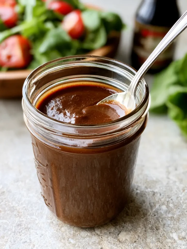 Nahaufnahme eines silbernen Löffels, der in ein cremiges Balsamico Dressing Rezept taucht.