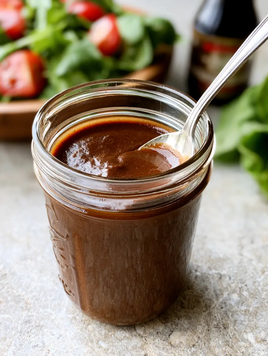 Balsamico Dressing Rezept: So gelingt die perfekte, cremige Emulsion 4 Nahaufnahme eines silbernen Löffels, der in ein cremiges Balsamico Dressing Rezept taucht.