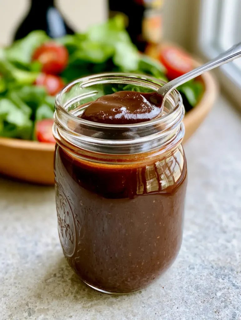 Balsamico Dressing Rezept: So gelingt die perfekte, cremige Emulsion 1 Ein Mason Jar gefüllt mit Balsamico Dressing Rezept neben frischen Kirschtomaten und Salat.