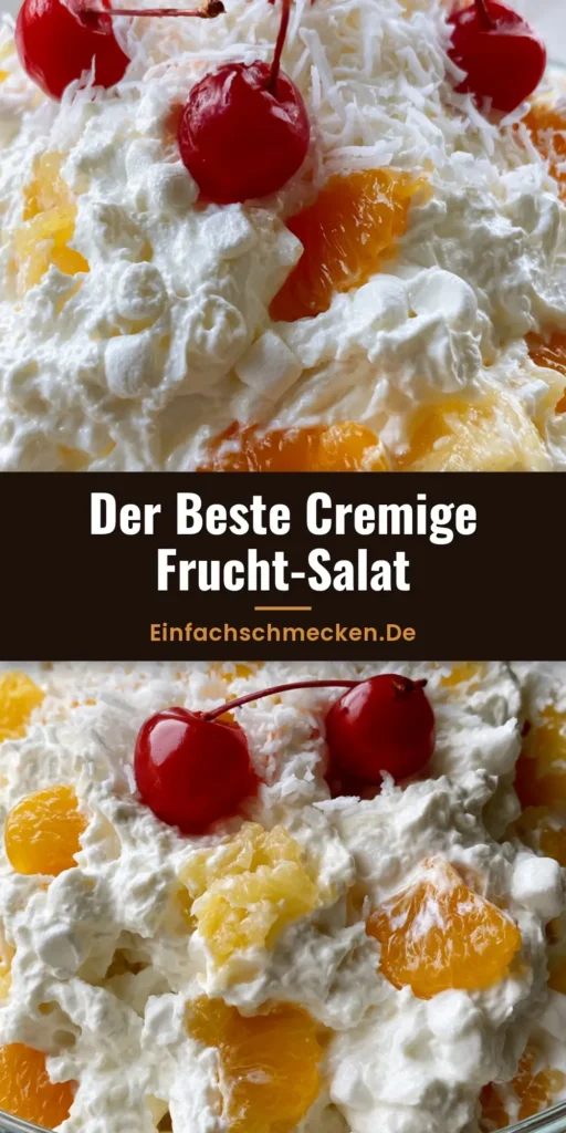 Ambrosia Salat: Das fluffigste Rezept für den cremigen Klassiker 3 Ein cremiger Ambrosia Salat in einer Glasschüssel, garniert mit Kokosflocken und roten Maraschino-Kirschen auf hellem Holzgrund.