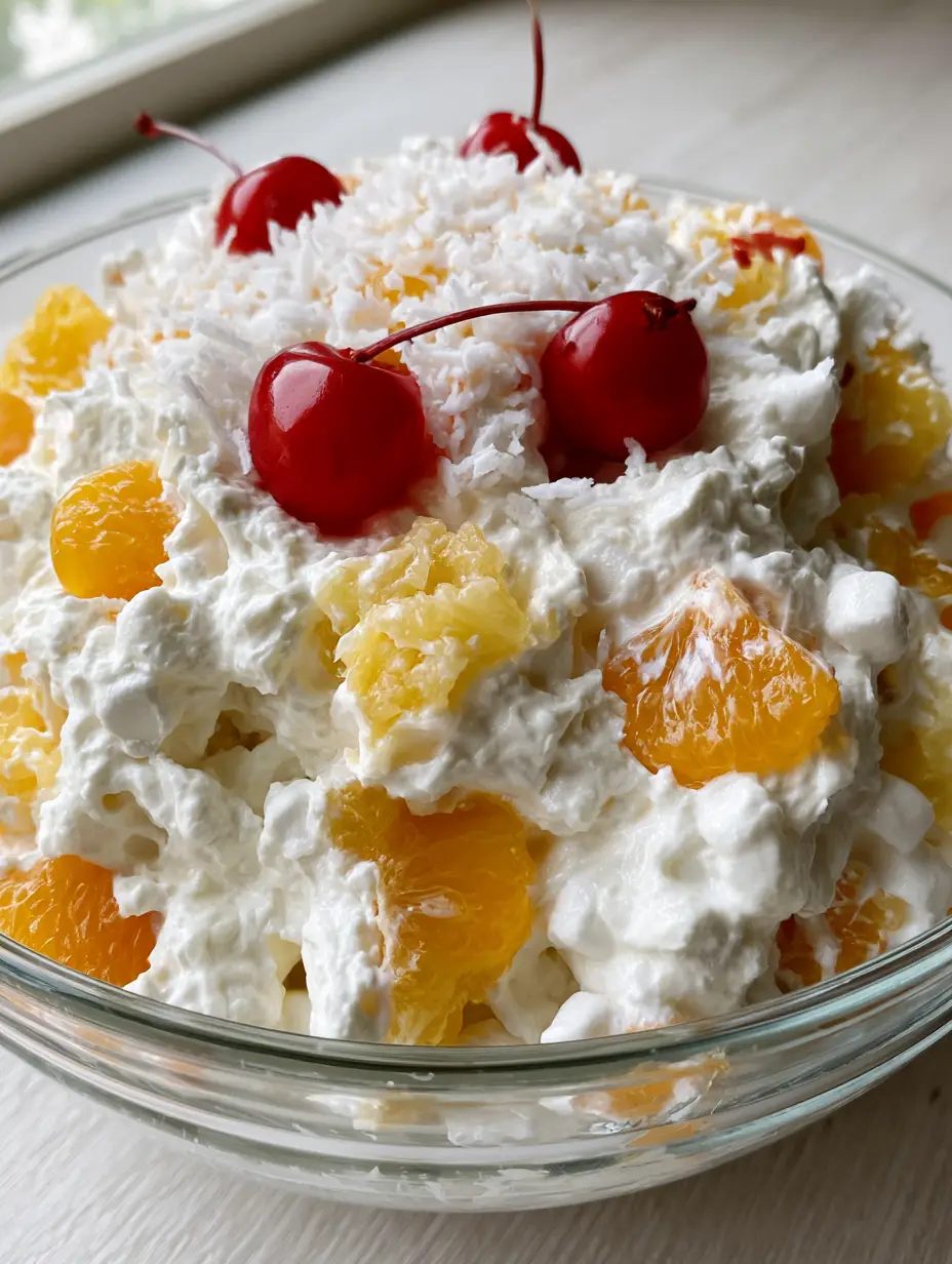 Ambrosia Salat: Das fluffigste Rezept für den cremigen Klassiker 4 Nahaufnahme von Ambrosia Salat mit luftiger Sahnecreme, Mandarinen und Mini-Marshmallows.