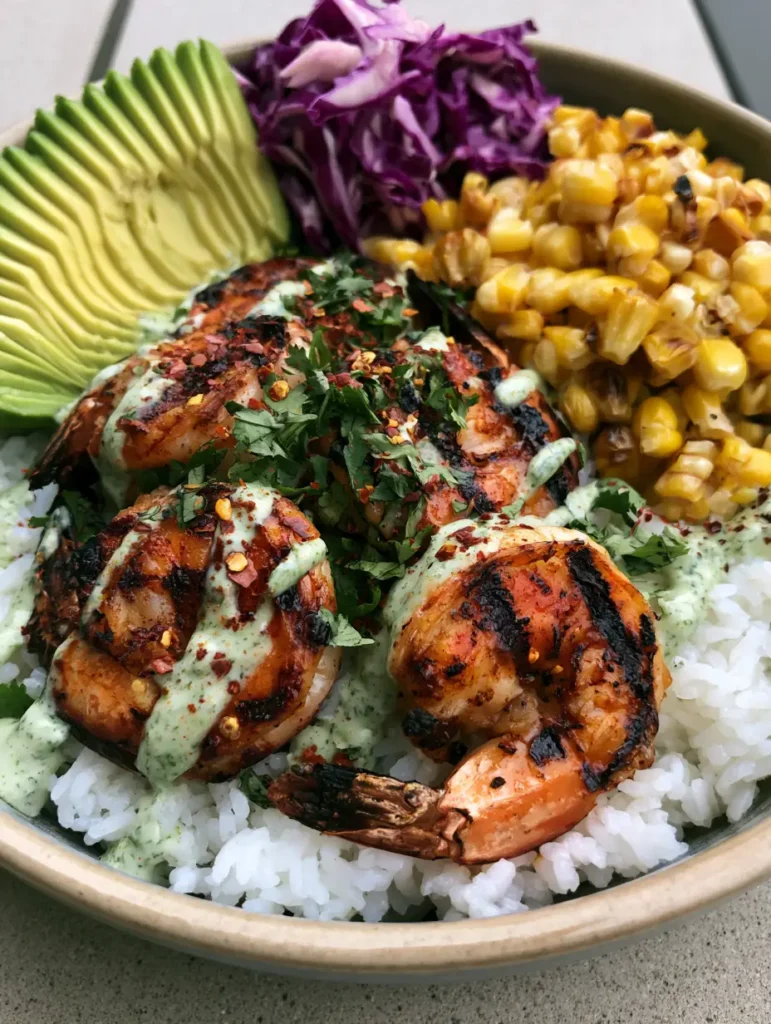 Nahaufnahme von saftig gegrillten Garnelen mit Grillstreifen auf einer Bowl mit Reis und Gemüse (Garnelen Bowl Rezept).