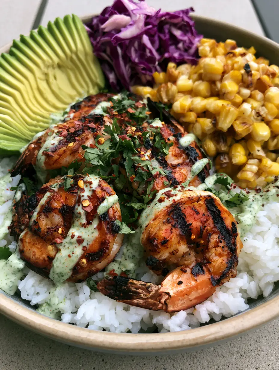 Nahaufnahme von saftig gegrillten Garnelen mit Grillstreifen auf einer Bowl mit Reis und Gemüse (Garnelen Bowl Rezept).