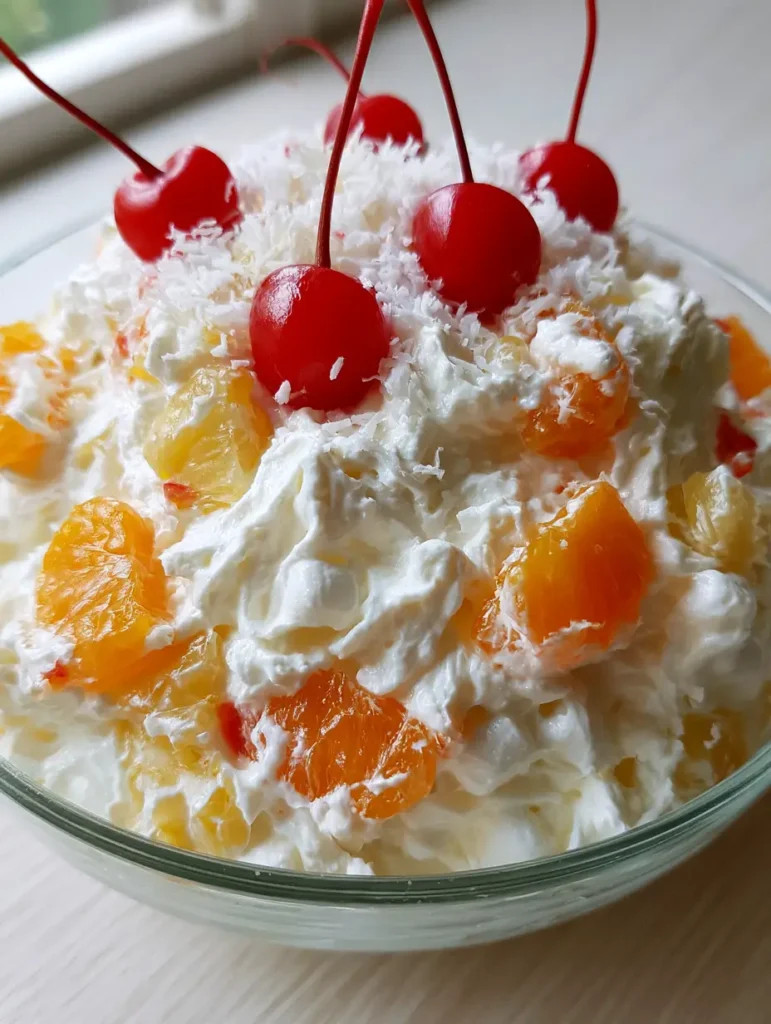 Ambrosia Salat: Das fluffigste Rezept für den cremigen Klassiker 1 Servierfertiger Ambrosia Salat in einer Schale mit Fokus auf die Maraschino-Kirschen und Kokosraspeln.