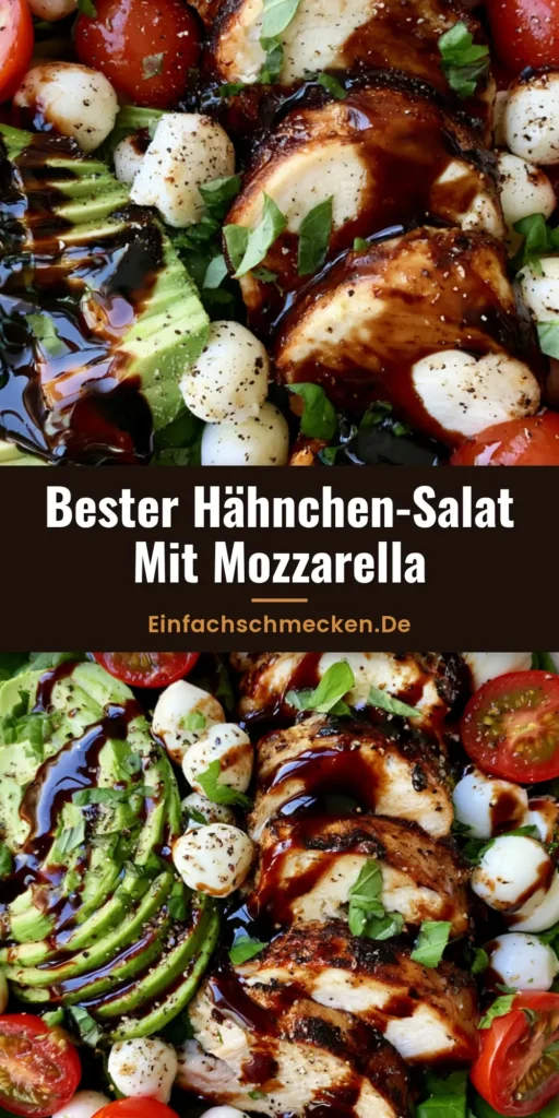 Nahaufnahme eines Hähnchen-Salat mit Mozzarella in einer Schüssel mit Avocado und Balsamico-Dressing.