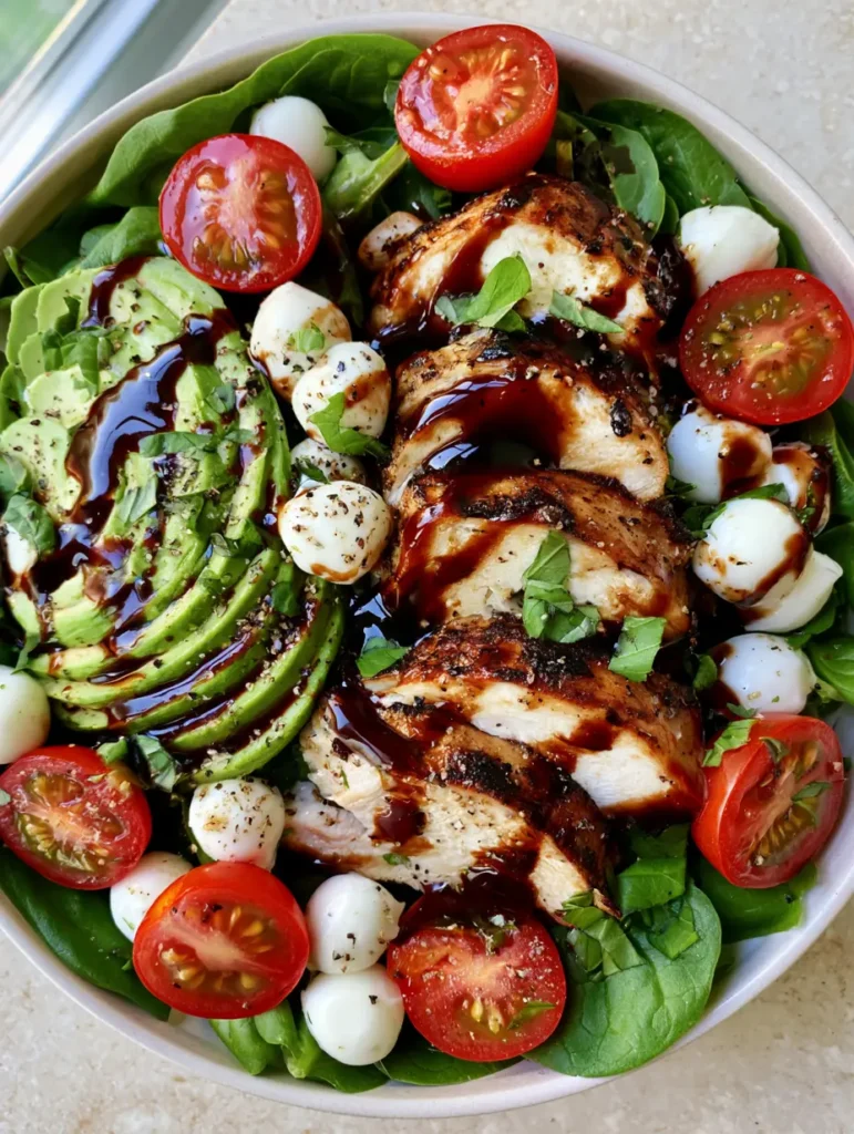 Draufsicht auf einen Hähnchen-Salat mit Mozzarella, frischem Blattspinat und Avocado.