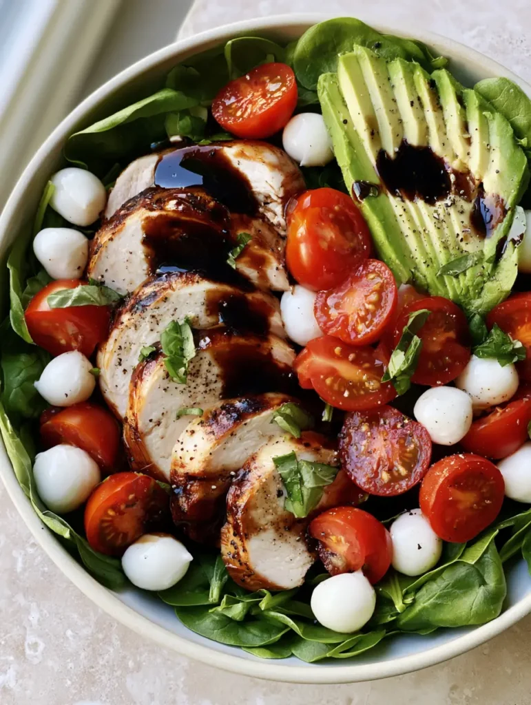 Gebackene Hähnchenbruststreifen auf einem Bett aus Spinat für den Hähnchen-Salat mit Mozzarella.