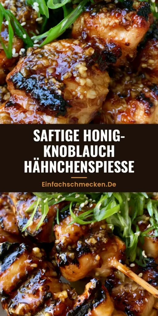 Honig-Knoblauch-Hähnchenspieße: Saftig, klebrig & unwiderstehlich 3 Extreme Nahaufnahme von Honig-Knoblauch-Hähnchenspießen auf Holzstäbchen mit glänzender Glasur, Sesam und Frühlingszwiebeln.