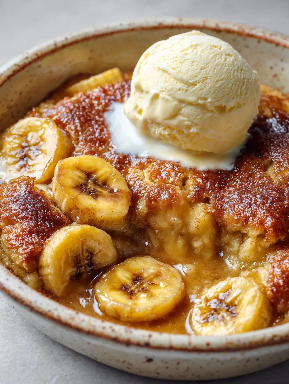 Nahaufnahme von karamellisierten Bananen in Sirup unter einer buttrigen Cobbler-Kruste.