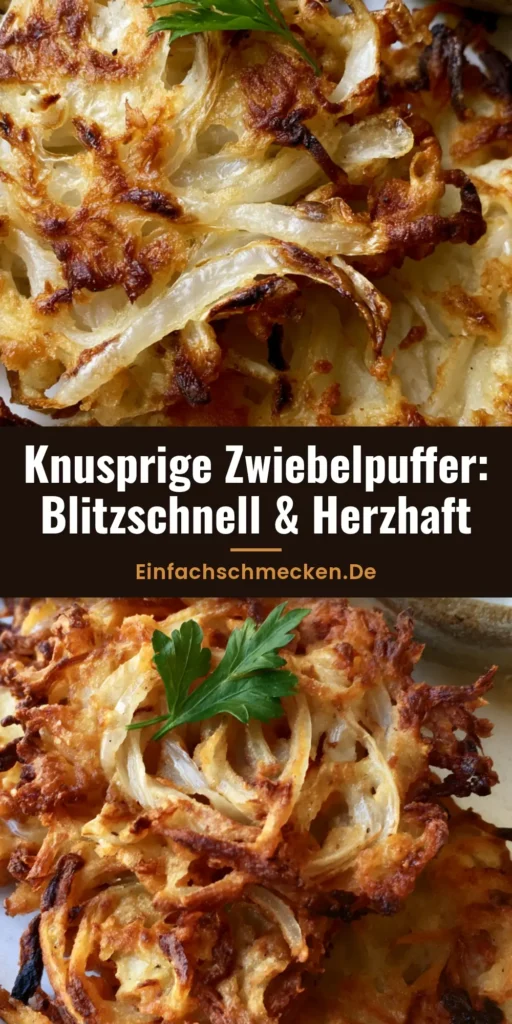 Goldbraun gebratene Zwiebelpuffer auf einem Teller gestapelt mit Schmand-Dip und Petersilie.