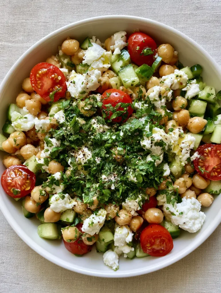 Draufsicht auf einen frischen Kichererbsensalat mit Feta in einer weißen Keramikschüssel.