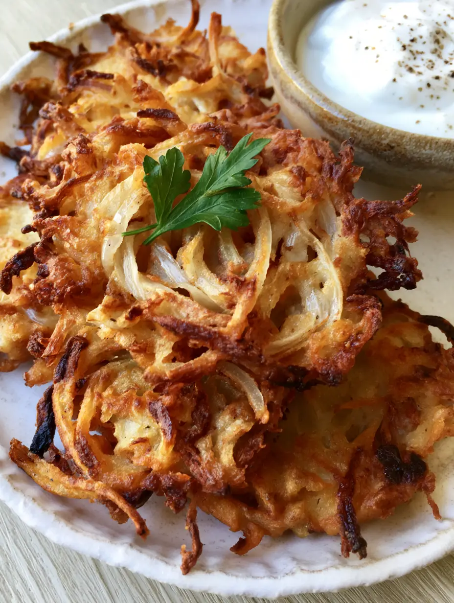 Draufsicht auf knusprige Zwiebelpuffer mit feinen Zwiebelsträngen und dunklen Rändern.