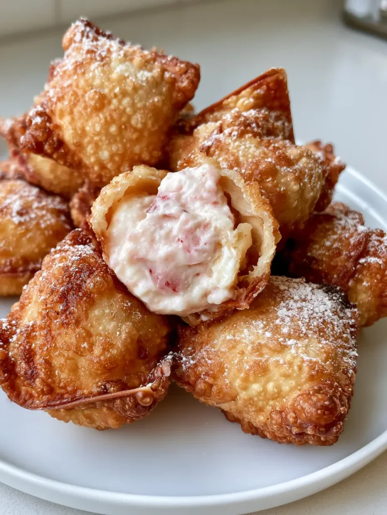 Nahaufnahme eines aufgeschnittenen Erdbeer Cheesecake Wontons mit cremiger Füllung.