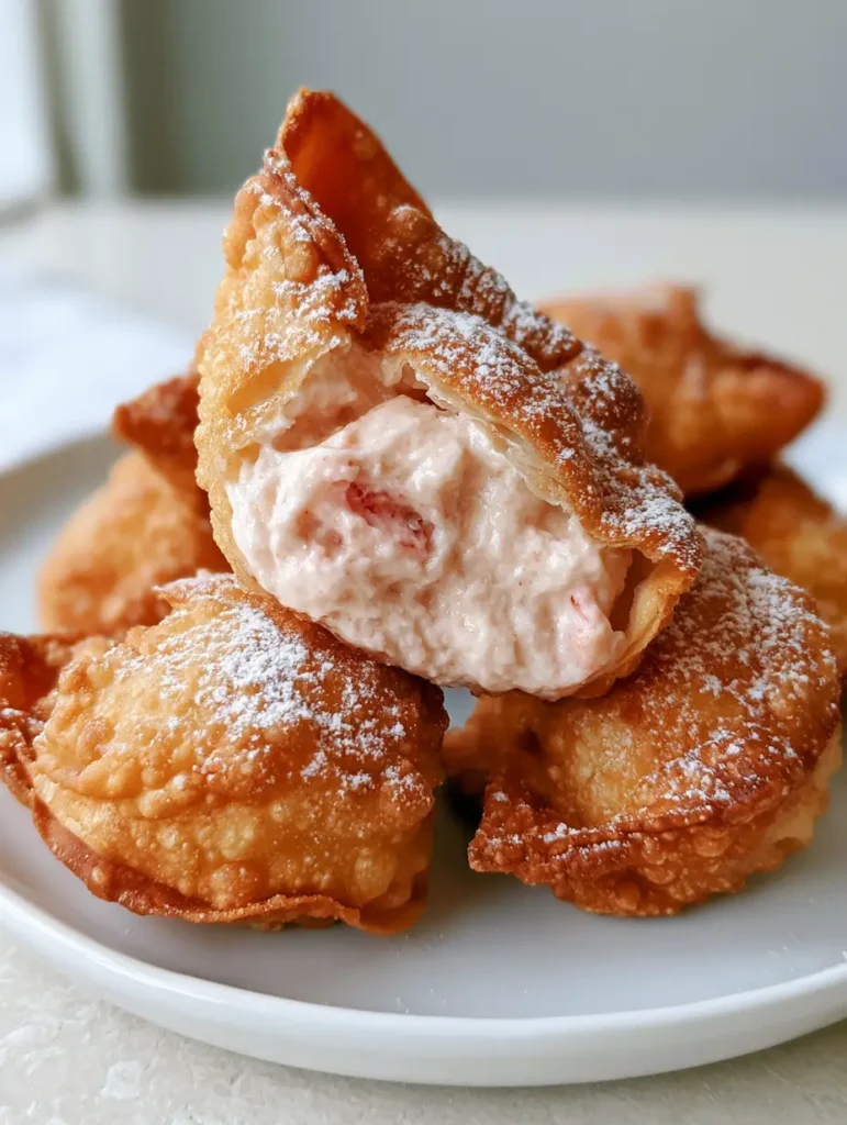 Erdbeer Cheesecake Wontons: Das ultimative knusprige Dessert-Rezept 1 Knusprige Erdbeer Cheesecake Wontons auf einem weißen Teller bei Tageslicht.