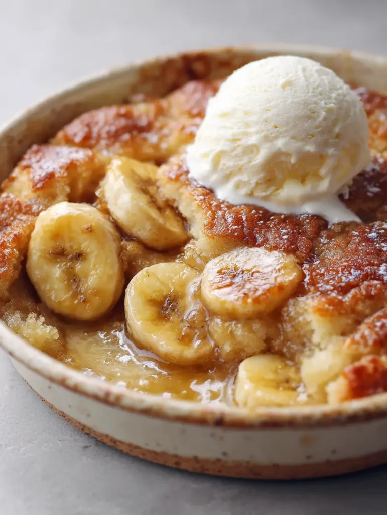 Bananen-Cobbler frisch aus dem Ofen mit einer Kugel Vanille-Eis obenauf.
