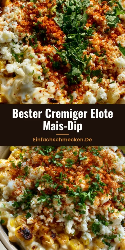 Draufsicht auf einen cremigen Mexikanischen Mais Dip in einer Keramikschale, garniert mit Feta, Chilipulver und Koriander neben einer Limette.