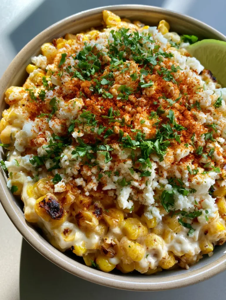 Nahaufnahme von gerösteten Maiskörnern mit dunklen Grillspuren in einer weißen Creme-Sauce für Mexikanischen Mais Dip.