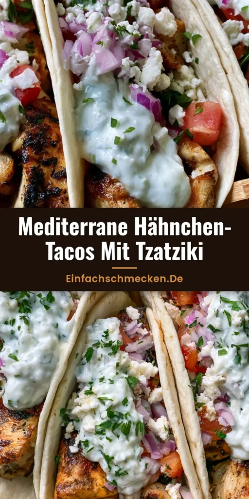 Drei köstliche Mediterrane Hähnchen-Tacos in einem Holzhalter mit Tzatziki, Feta und Petersilie.