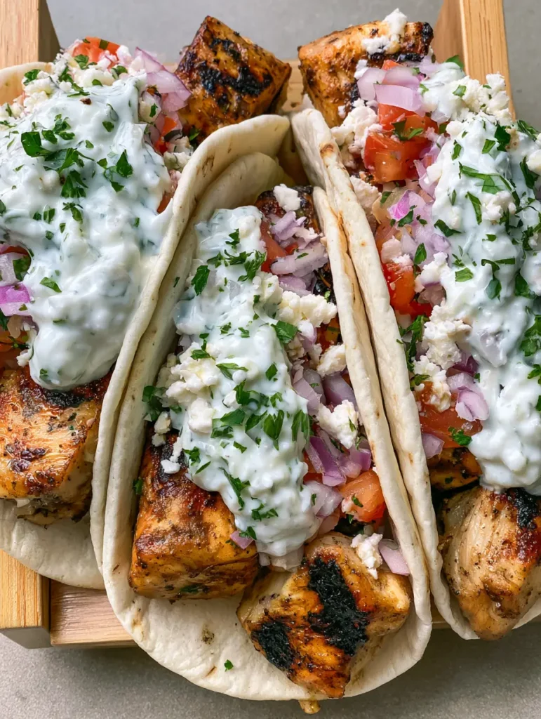 Nahaufnahme von mediterranen Tacos mit goldbraun gebratenem Hähnchen und frischem Gemüse.