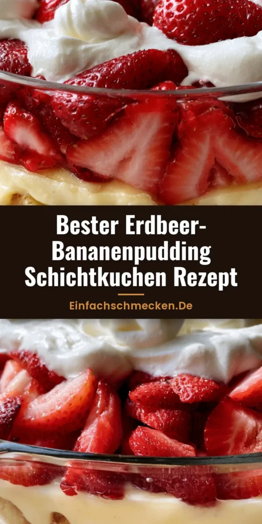 Erdbeer-Bananenpudding-Kuchen: Das cremigste Schichtdessert des Sommers 4 Seitenansicht eines geschichteten Erdbeer-Bananenpudding-Kuchens in einer Glasschüssel mit Biskuit, Pudding und Sahne.